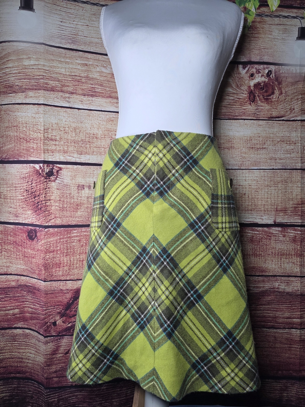 Bandolino Lime Green Plaid A-Line Skirt with Brown & Teal Accents
